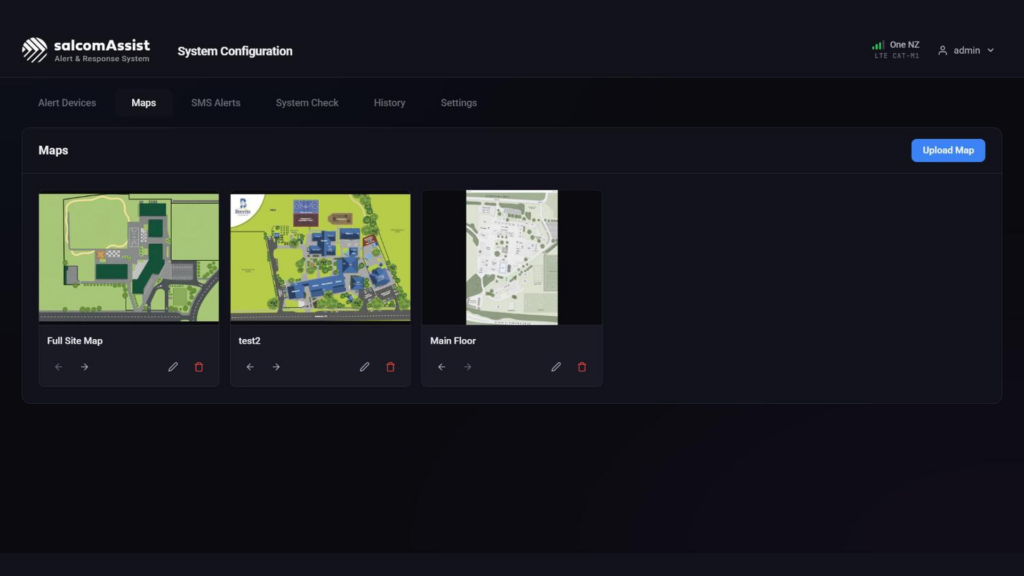 The Maps tab, showing uploaded floor plans as reorderable cards.