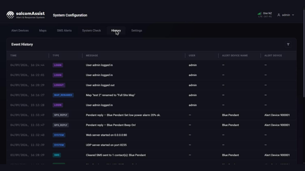 The History tab, showing a filterable log of every event on the unit.