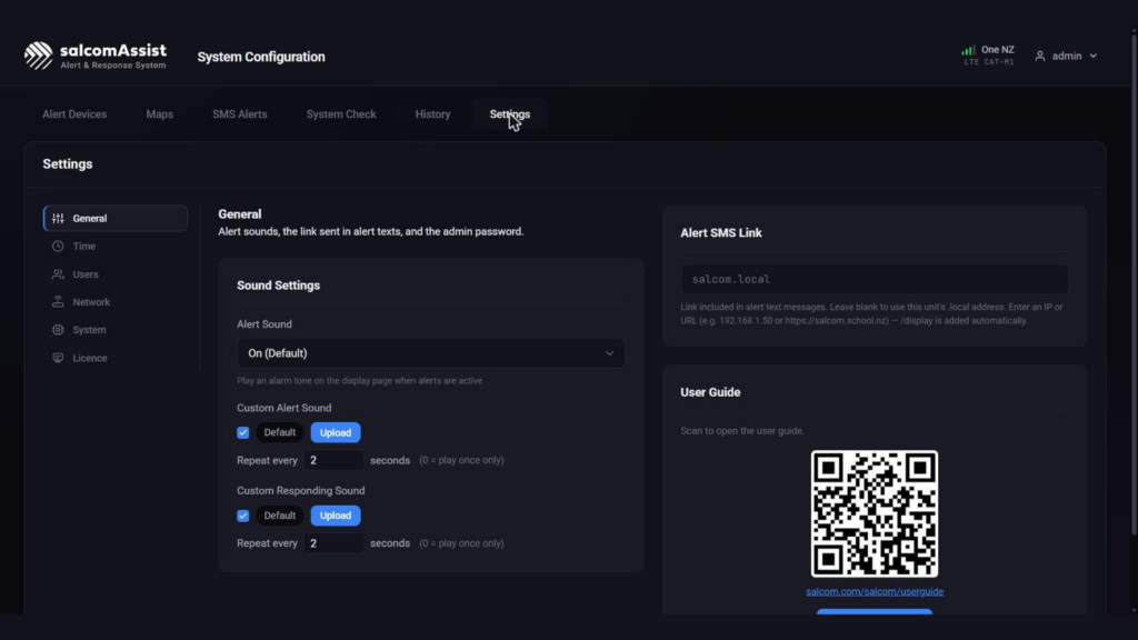 The Settings tab’s General page.