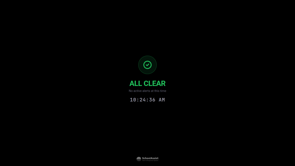 The idle "ALL CLEAR" state with the current time.