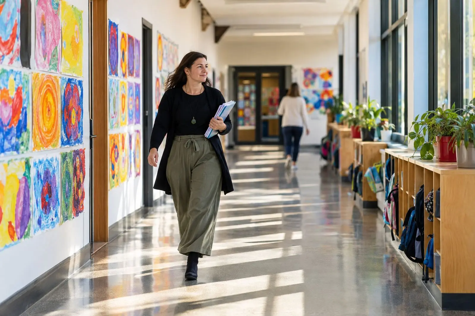 A staff member walks along a bright corridor, part of a facility protected by SalcomAssist.