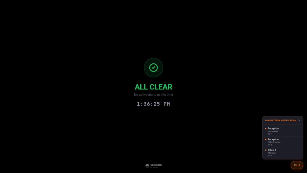 Low Battery icon on the All Clear screen and the list of Alert Devices requiring battery replacement.