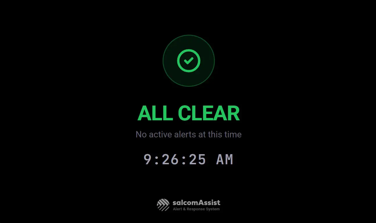 Alert display in its idle state, showing ALL CLEAR and the current time.