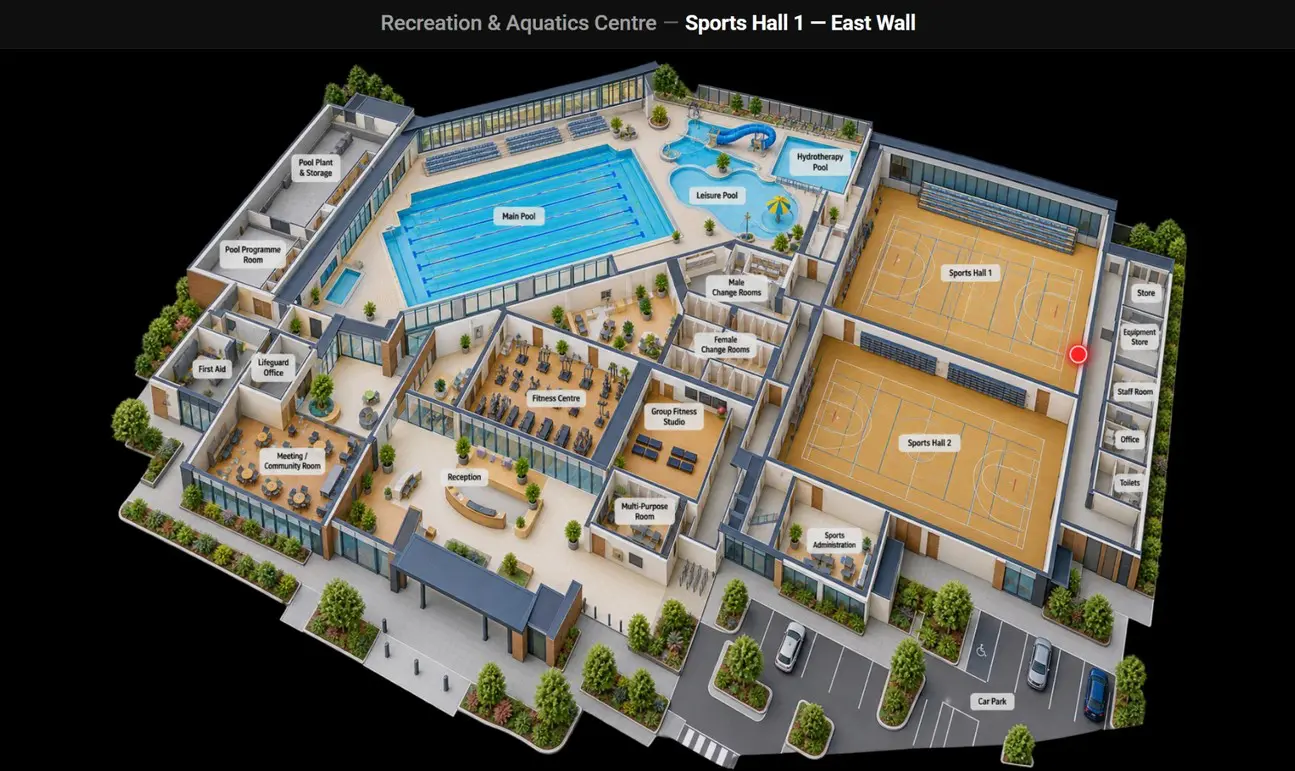 Facility map view showing the exact location of the Sports Hall 1 East Wall alert device, highlighted with a red marker.